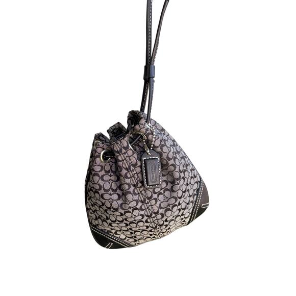 Y2K Coach Signature Rare Mini Drawstring Bucket Bag Black Grey - Picture 1 of 5